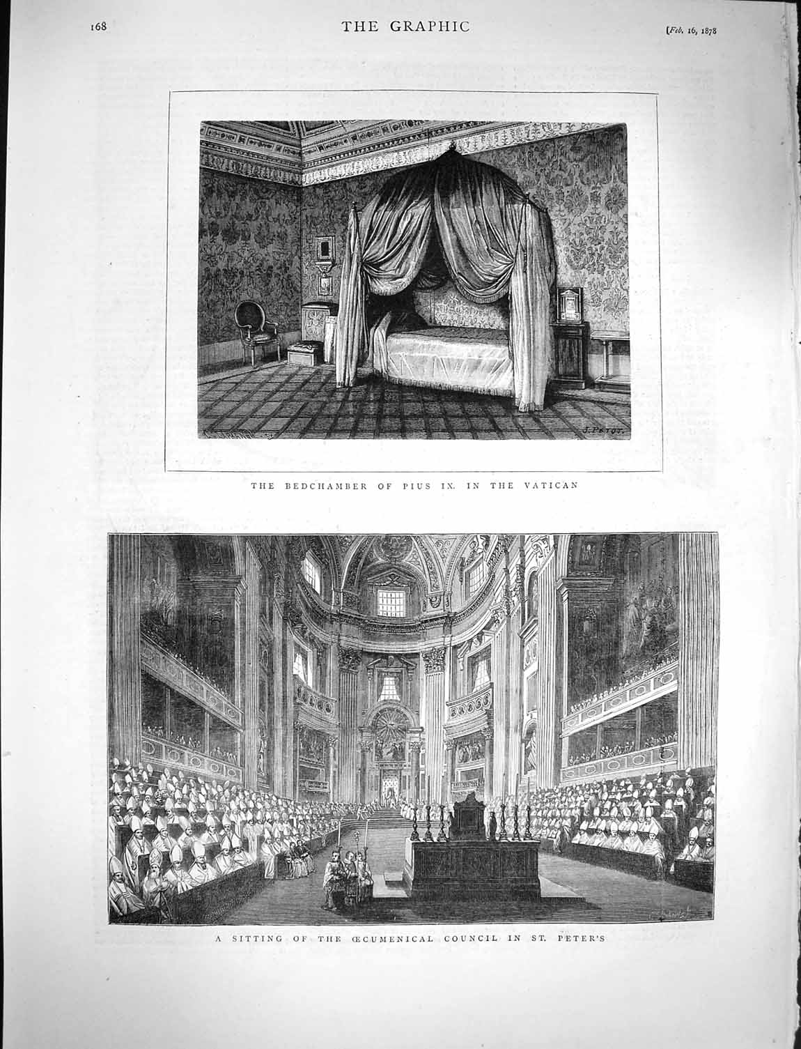 Old Antique Print 1878 Bedchamber Pope Pius Vatican Oecumencial Council 19th