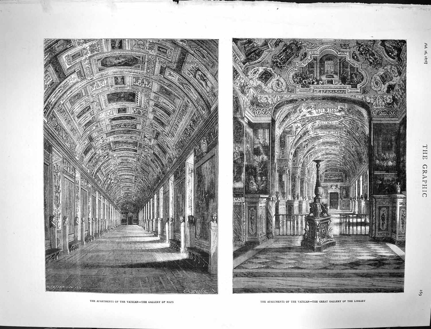 Old Antique Print 1878 Apartments Vatican Gallery Maps Library Rome Italy 19th