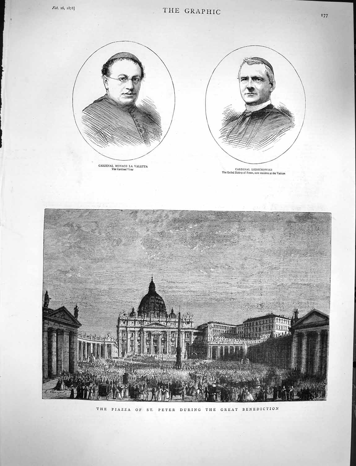 Original Old Antique Print 1878 Piazza St. Peter Benediction Cardinal Valetta
