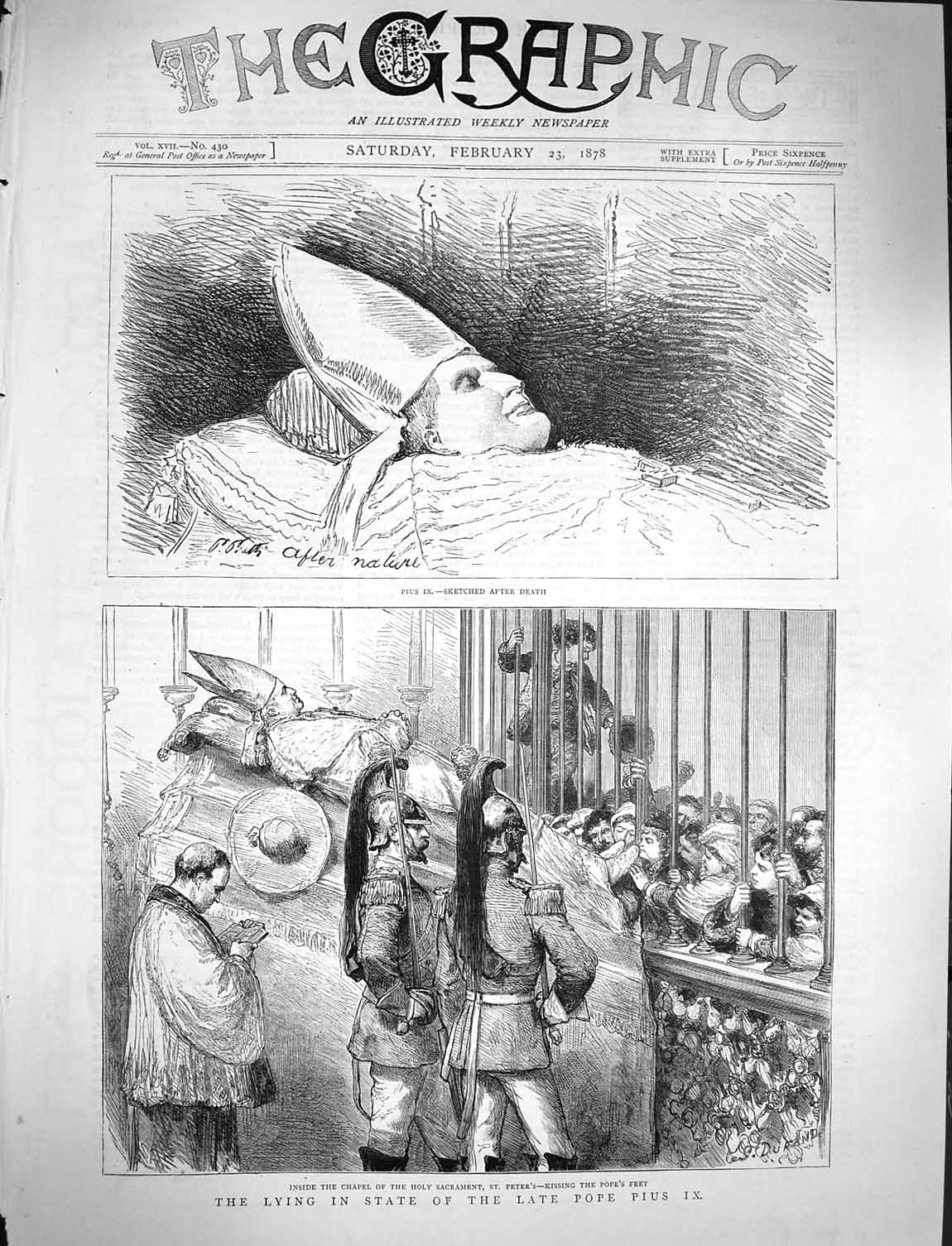Old Antique Print 1878 Lying State Pope Pius Chapel Sacrament St. Peter'S 19th