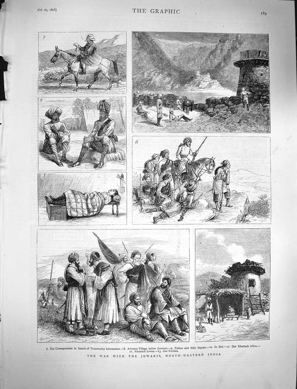 Original Old Antique Print 1878 War Jowakis India Pathan Sepoys Jummoo Khuttuck