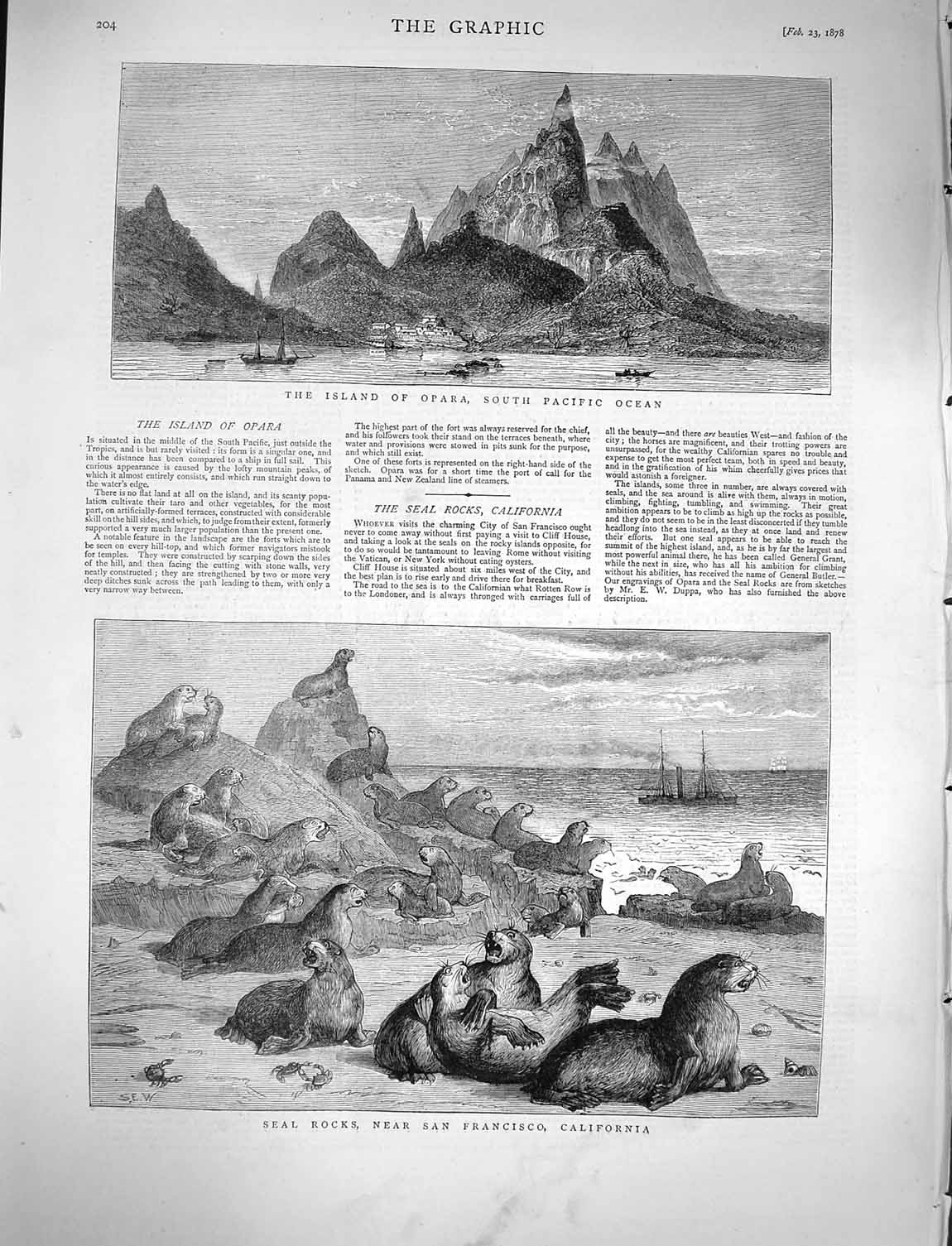 Original Old Antique Print 1878 Opara Pacific Seal Rocks Francisco California