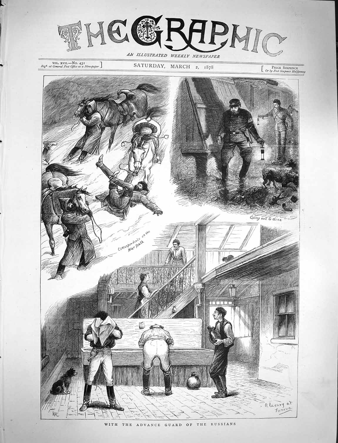 Original Old Antique Print 1878 Advance Guard Russian Siers War Horse Dog 19th
