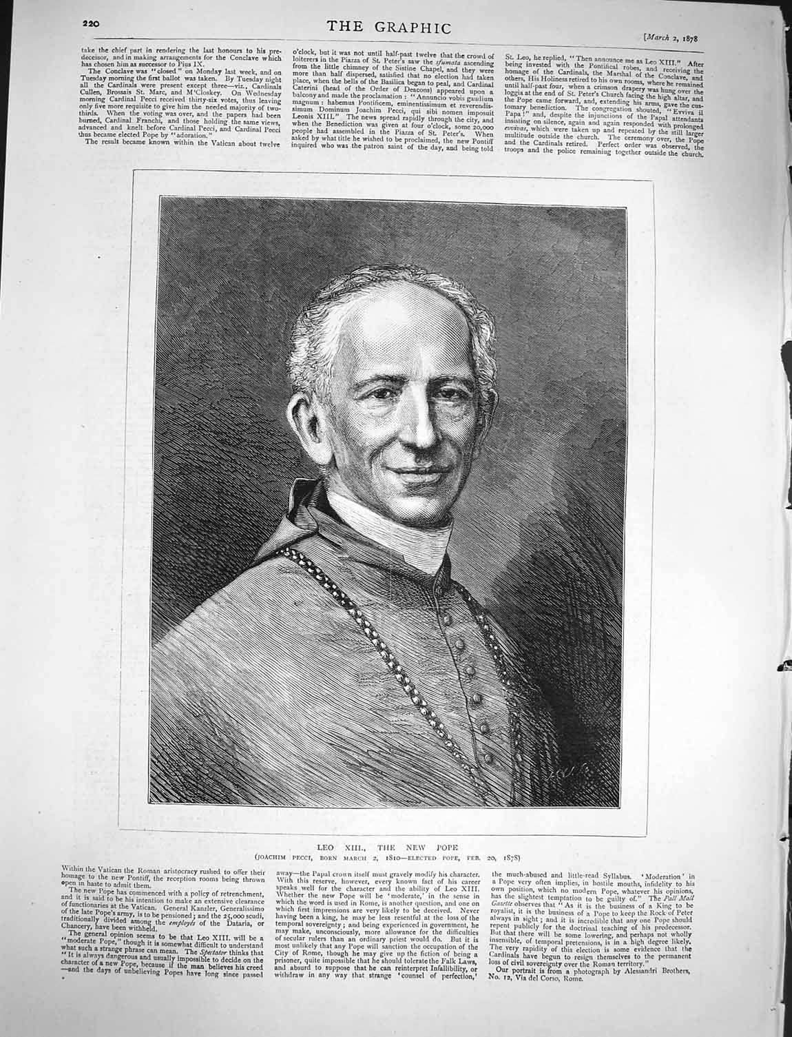Original Old Antique Print 1878 Portrait Leo New Pope Joachim Pecci Man 19th