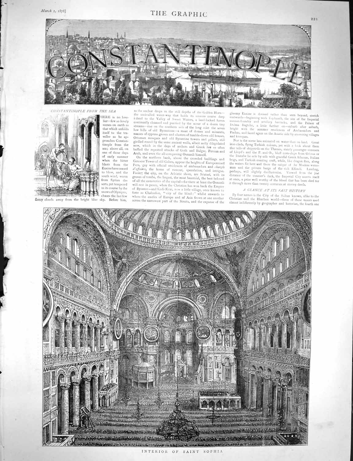 Old Antique Print 1878 Interior Saint Sophia Constantinople Architecture 19th