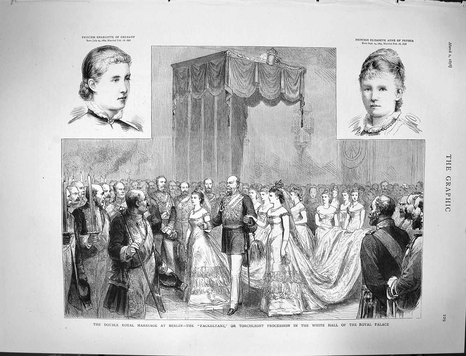 Old Antique Print 1878 Marriage Berlin Fackeltanz Charlotte Princess Anne 19th