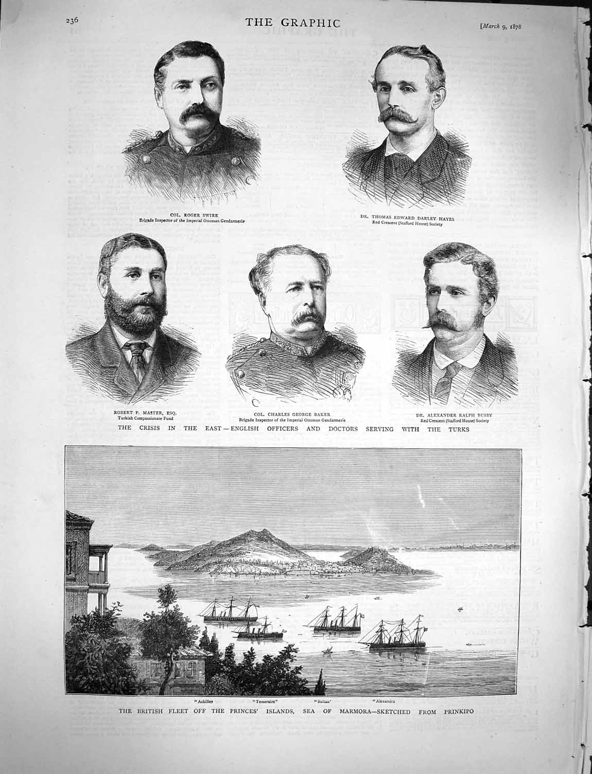 Old Antique Print 1878 British Ships Marmora Alexandra English Officers 19th