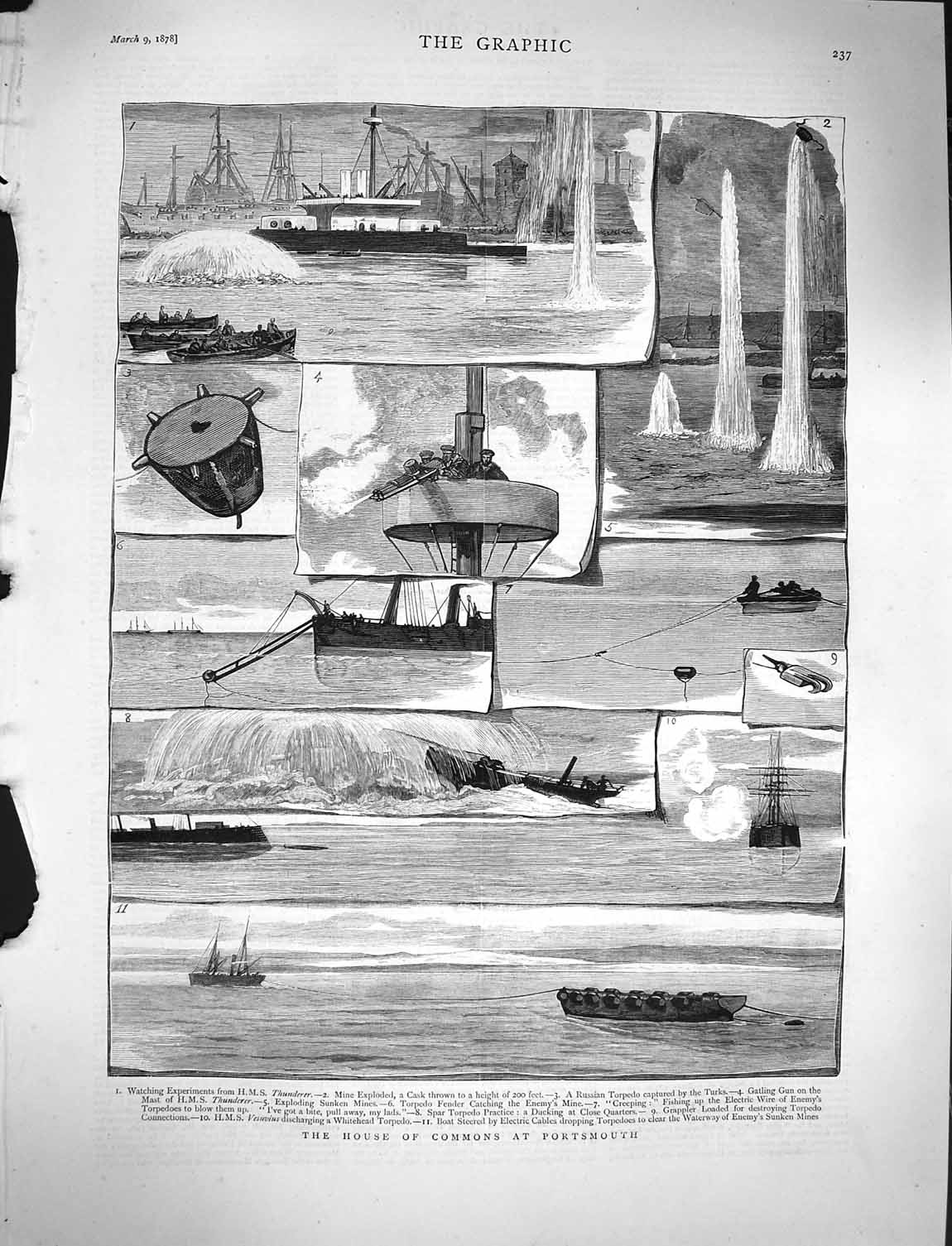 Original Old Antique Print 1878 Portsmouth Ships Thunderer Russian Torpedo War
