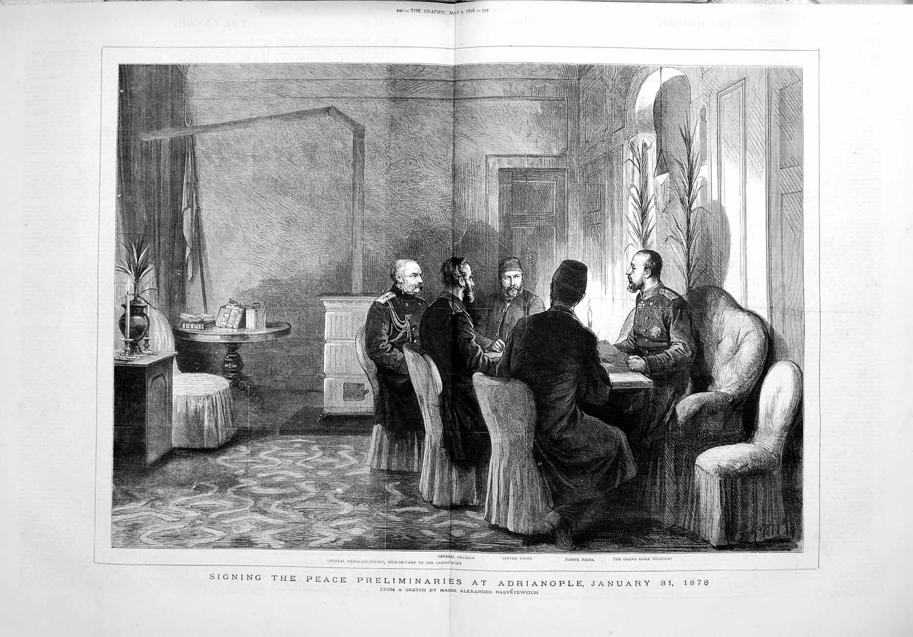 Original Old Antique Print 1878 Nelidow Pasha Duke Nicholas Adrianople Peace