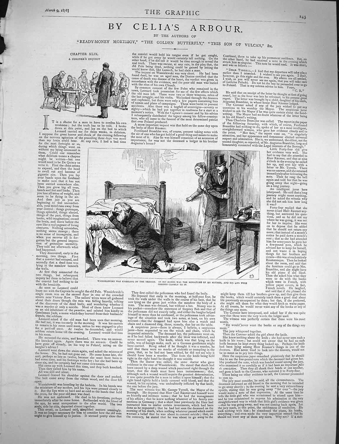 Original Old Antique Print 1878 Celia'S Arbour Story Wassielewski Man Bed House