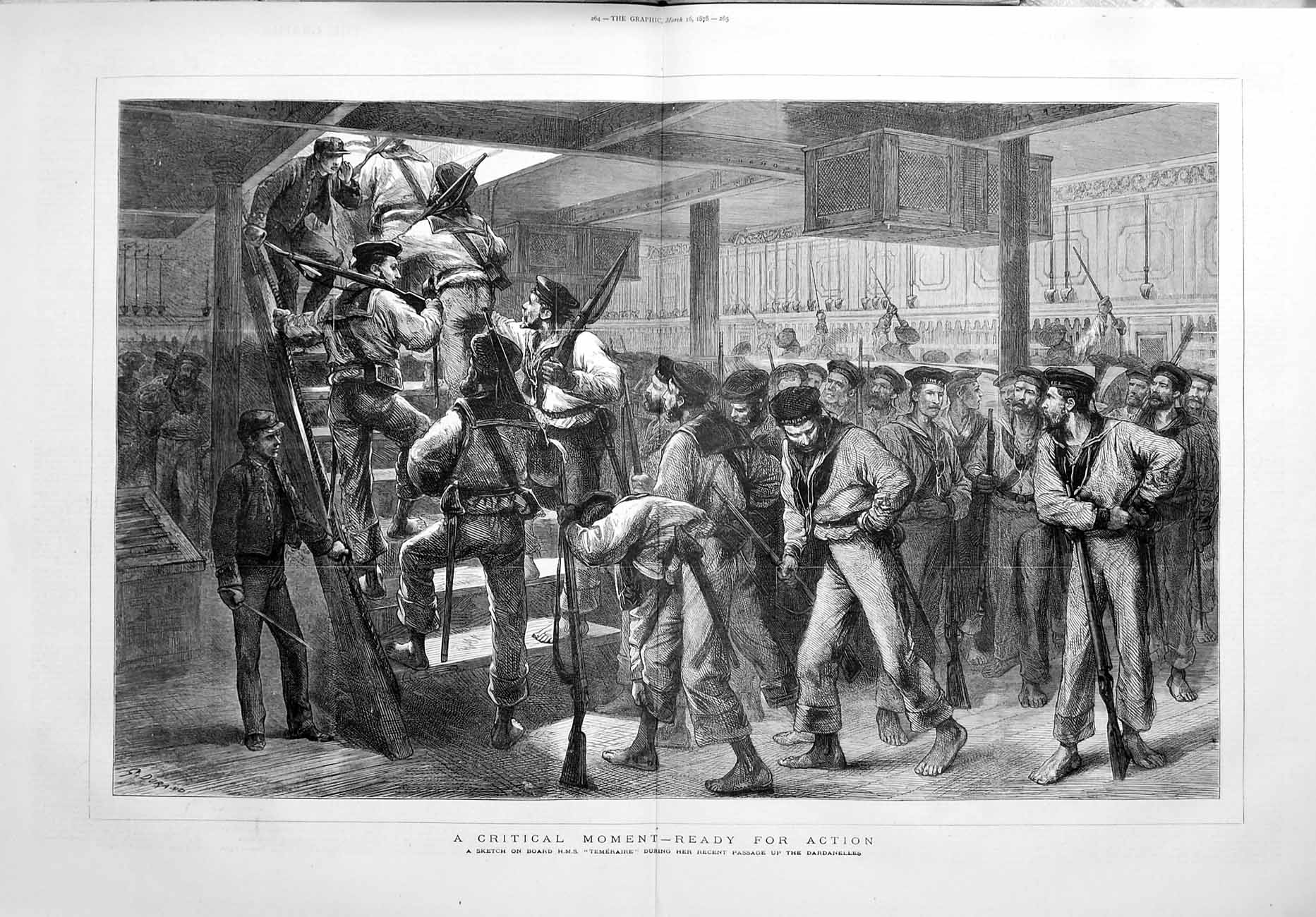 Original Old Antique Print 1878 Critical Moment Ship Temeraire Dardanelles War