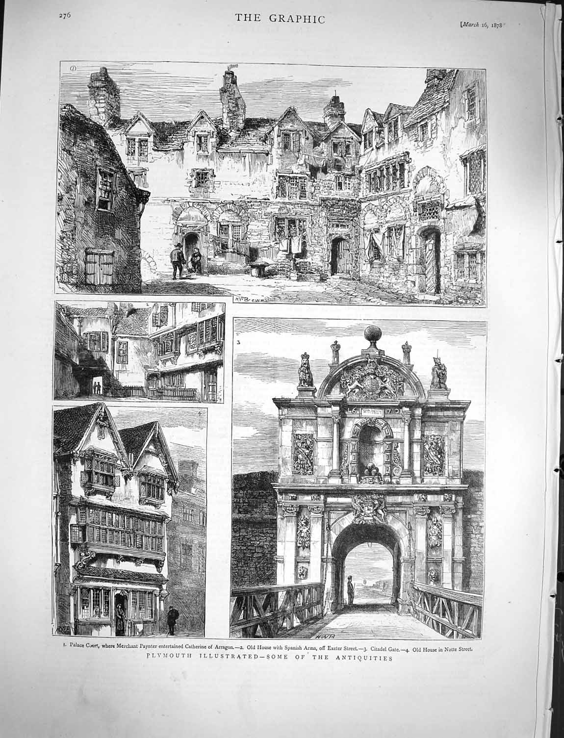 Old Antique Print 1878 Plymouth Palace Court Citadel Gate Notte Arragon 19th