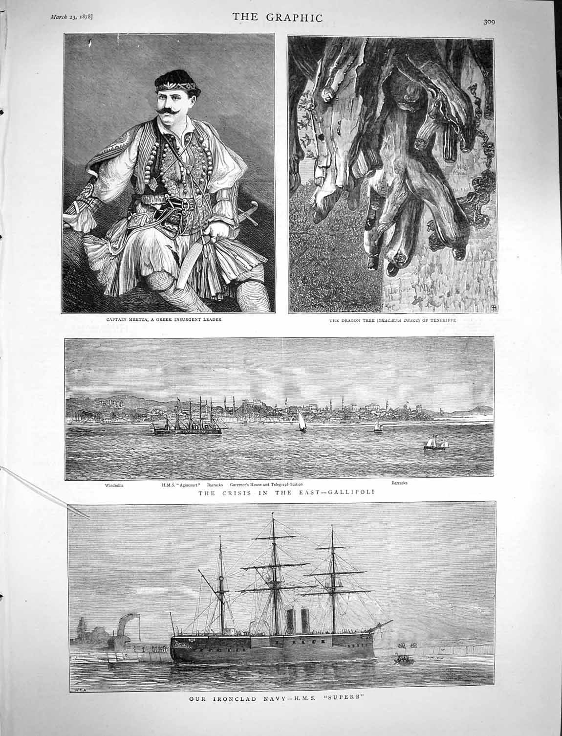 Old Antique Print 1878 Navy Ship Superb Gallipoli Meetza Greek Tenerife 19th