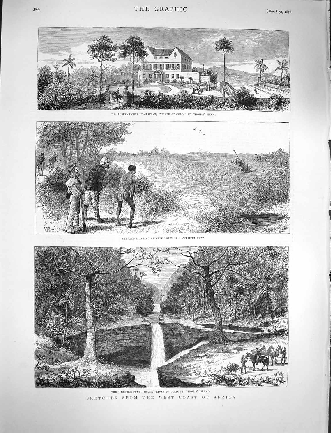 Old Antique Print 1878 Africa Thomas Island Buffalo Hunting Lopez River 19th