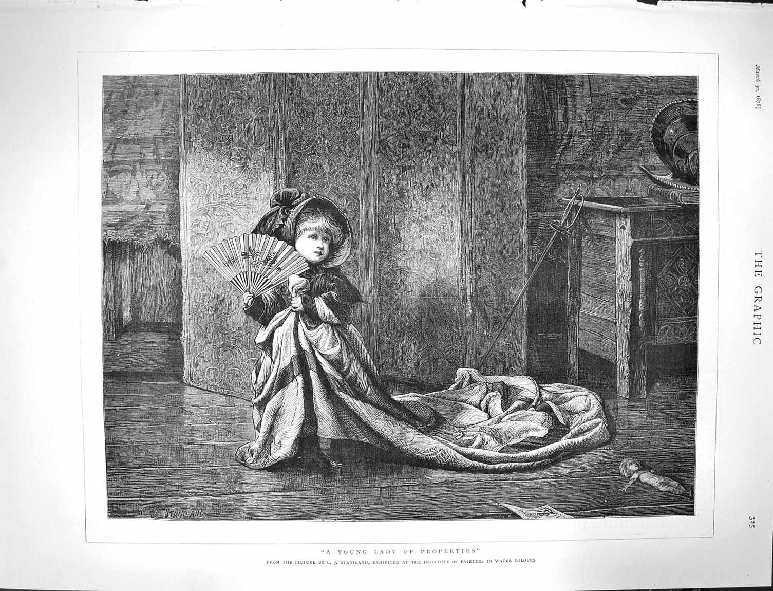 Original Old Antique Print 1878 Staniland Fine Art Little Girl Fan Blanket 19th