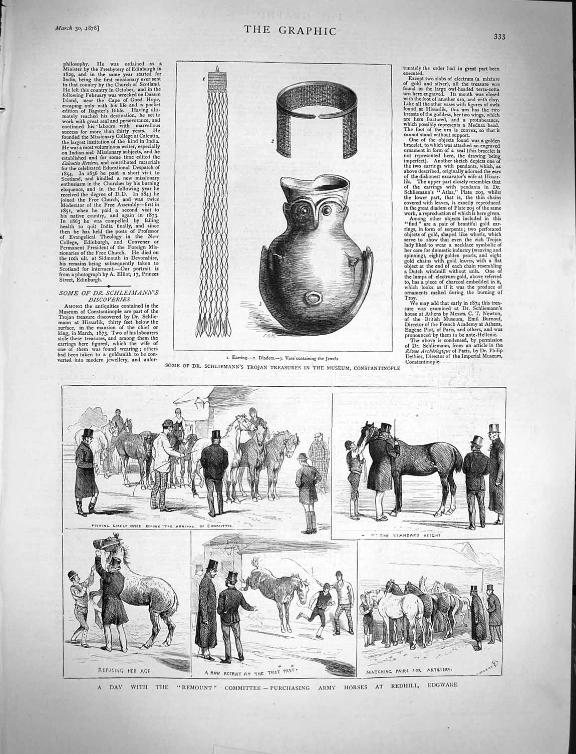 Original Old Antique Print 1878 Schliemann Trojan Treasures Army Horses Edgware