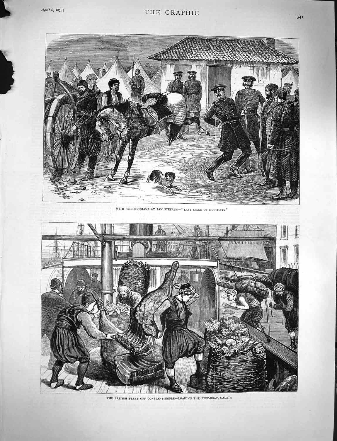 Original Old Antique Print 1878 Russian Siers San Stefano British Ships Galata