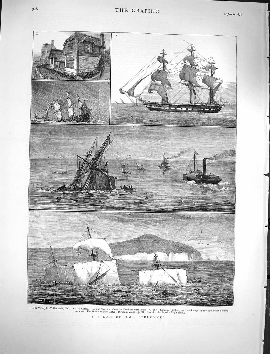 Old Antique Print 1878 Ship Wreck H.M.S Eurydice Hospital Ventnor Divers 19th