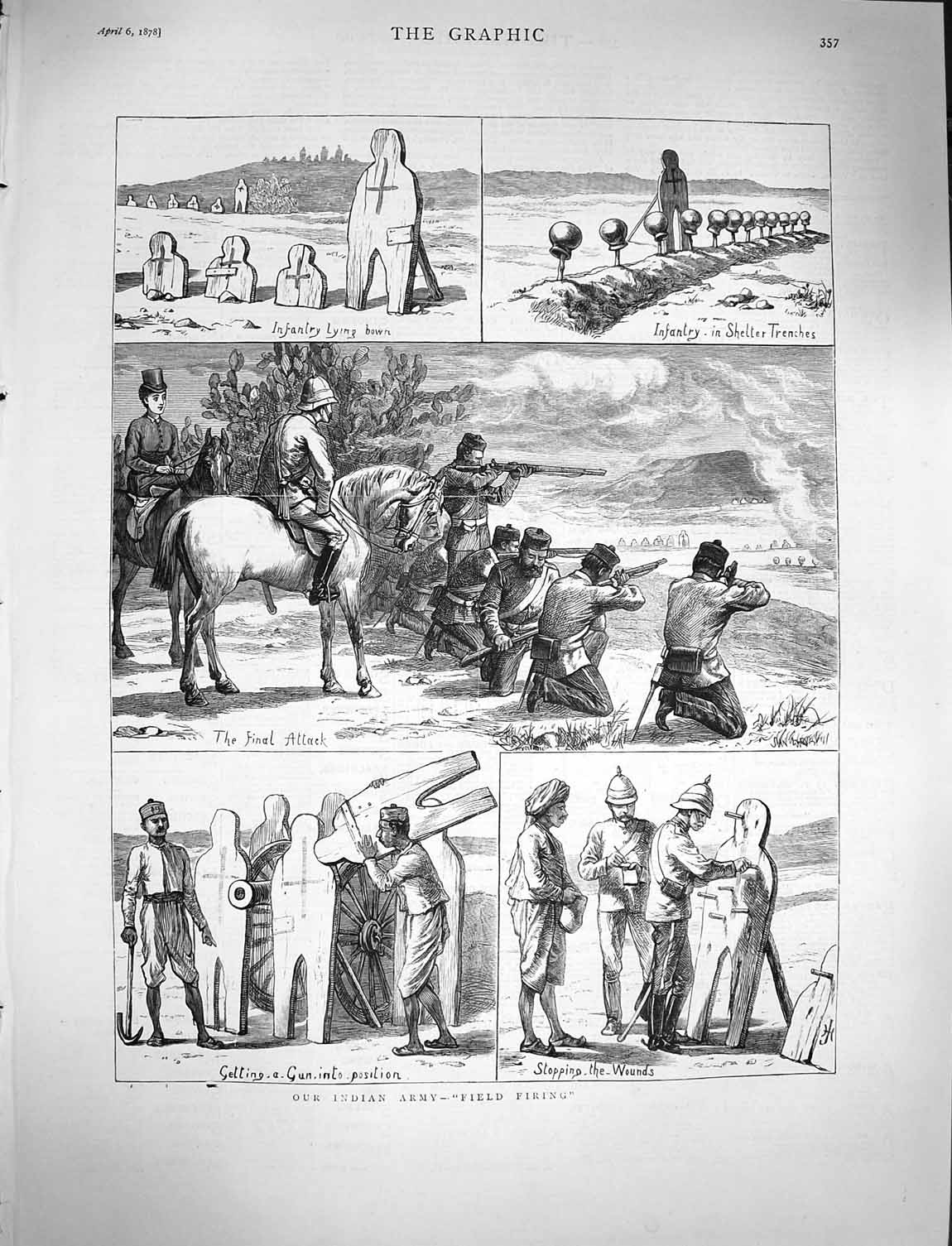 Original Old Antique Print 1878 Indian Army Field Firing Shelter Trenches Siers