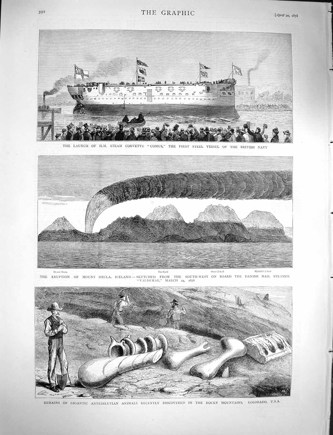 Old Antique Print 1878 Steam Ship Comus Mount Hecla Iceland Rocky Canada 19th