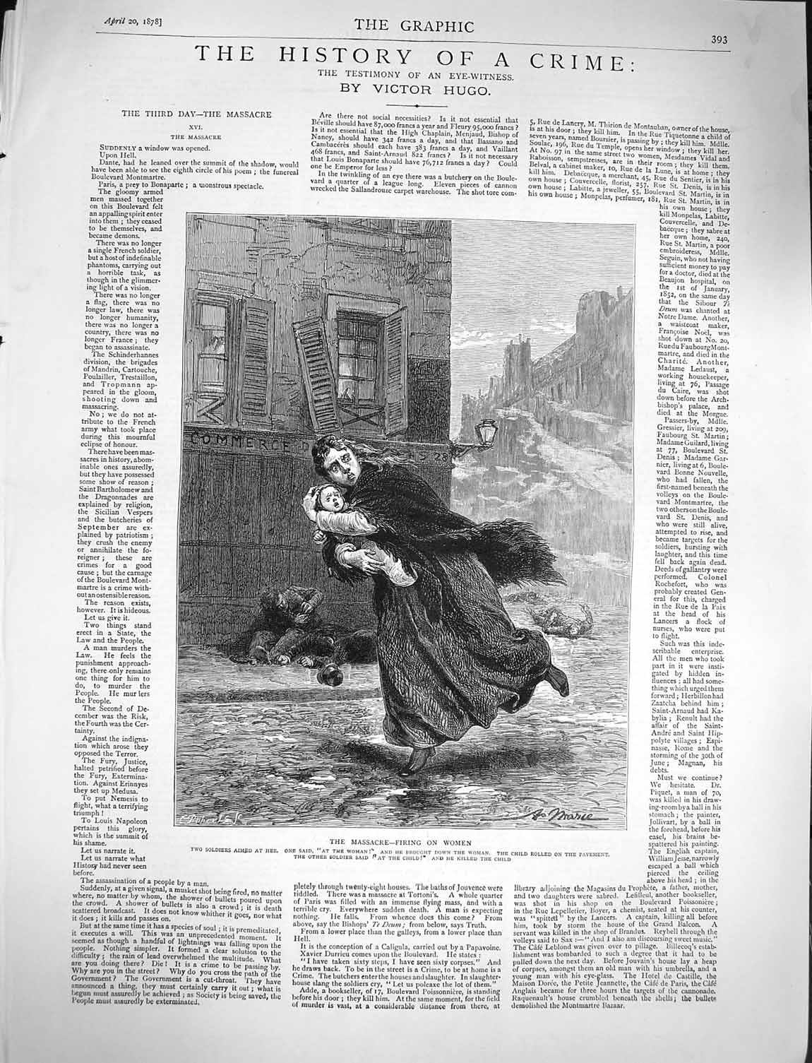 Original Old Antique Print 1878 Massacre Siers Woman Child Victor Hugo Story