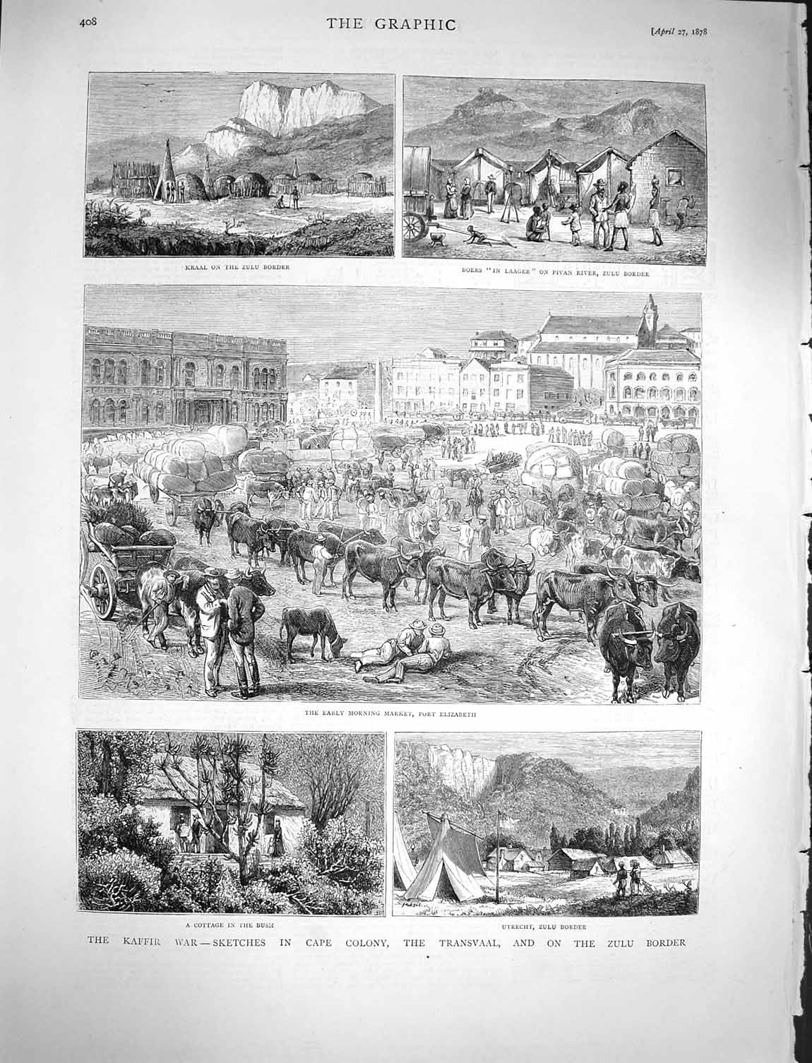 Original Old Antique Print 1878 Kaffir War Cape Colony Transvaal Zulu Elizabeth