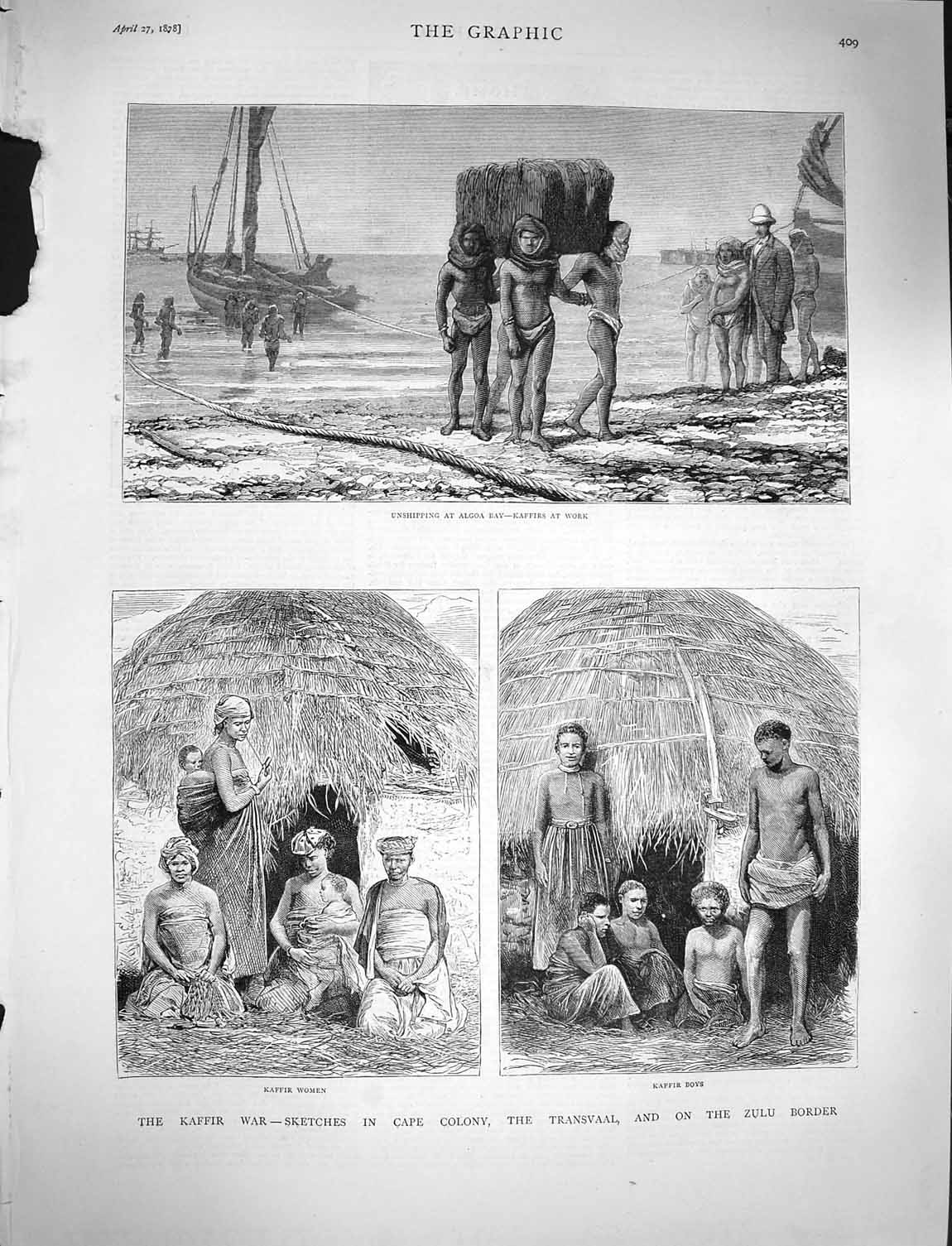 Original Old Antique Print 1878 Kaffir War Cape Colony Transvaal Zulu Algoa Bay
