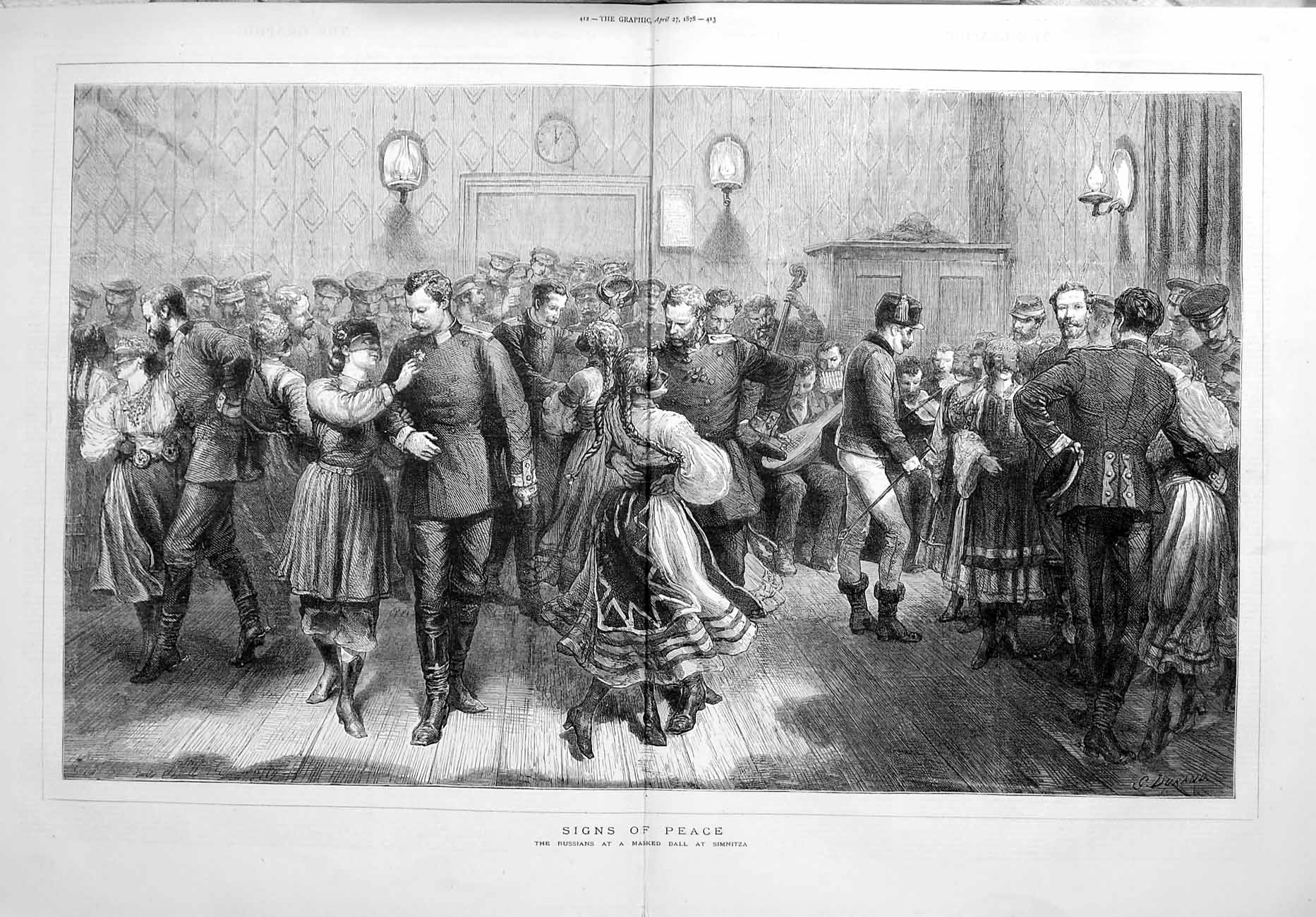 Original Old Antique Print 1878 Russian Siers Makes Ball Simnitza Dancing War