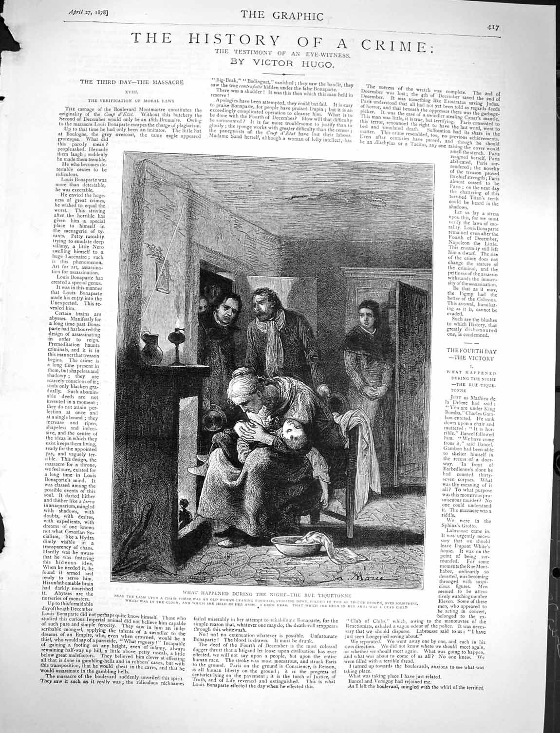 Old Antique Print 1878 Rue Tiquetonne Woman Dead Child Victor Hugo Story 19th