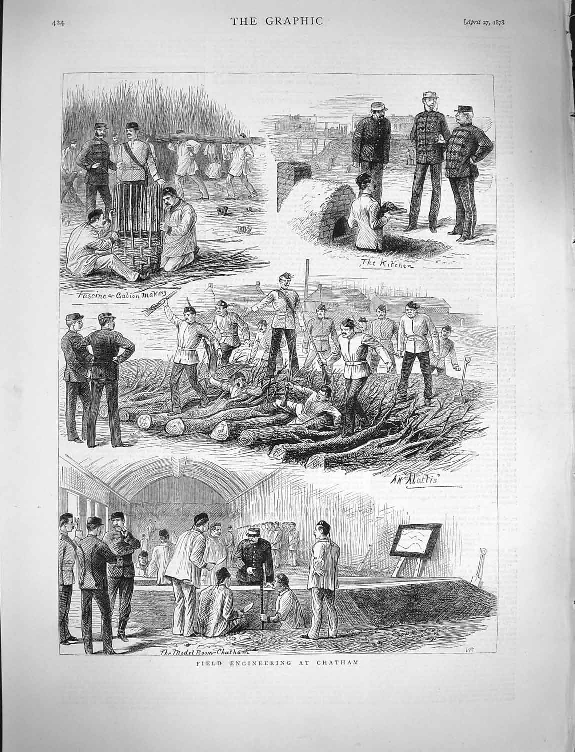 Original Old Antique Print 1878 Field Engineering Chatham Siers Kitchen War