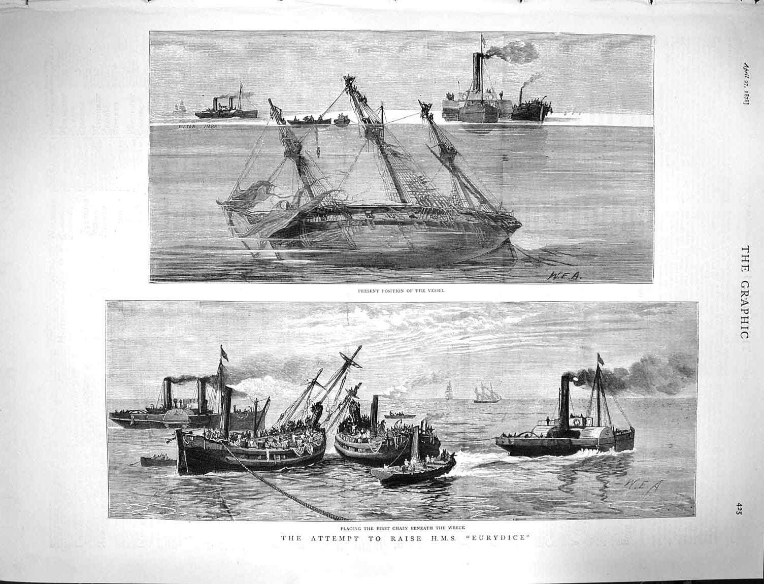 Original Old Antique Print 1878 Attempt Raise H.M.S Eurydice Ship Wreck 19th
