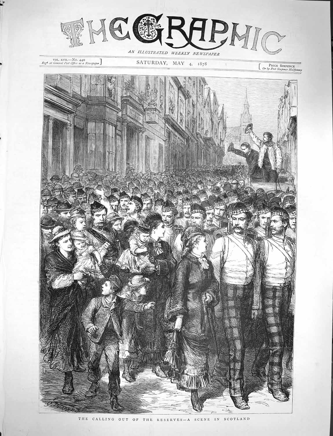 Original Old Antique Print 1878 Scotland Ta Reserve Siers Marching Street Scene