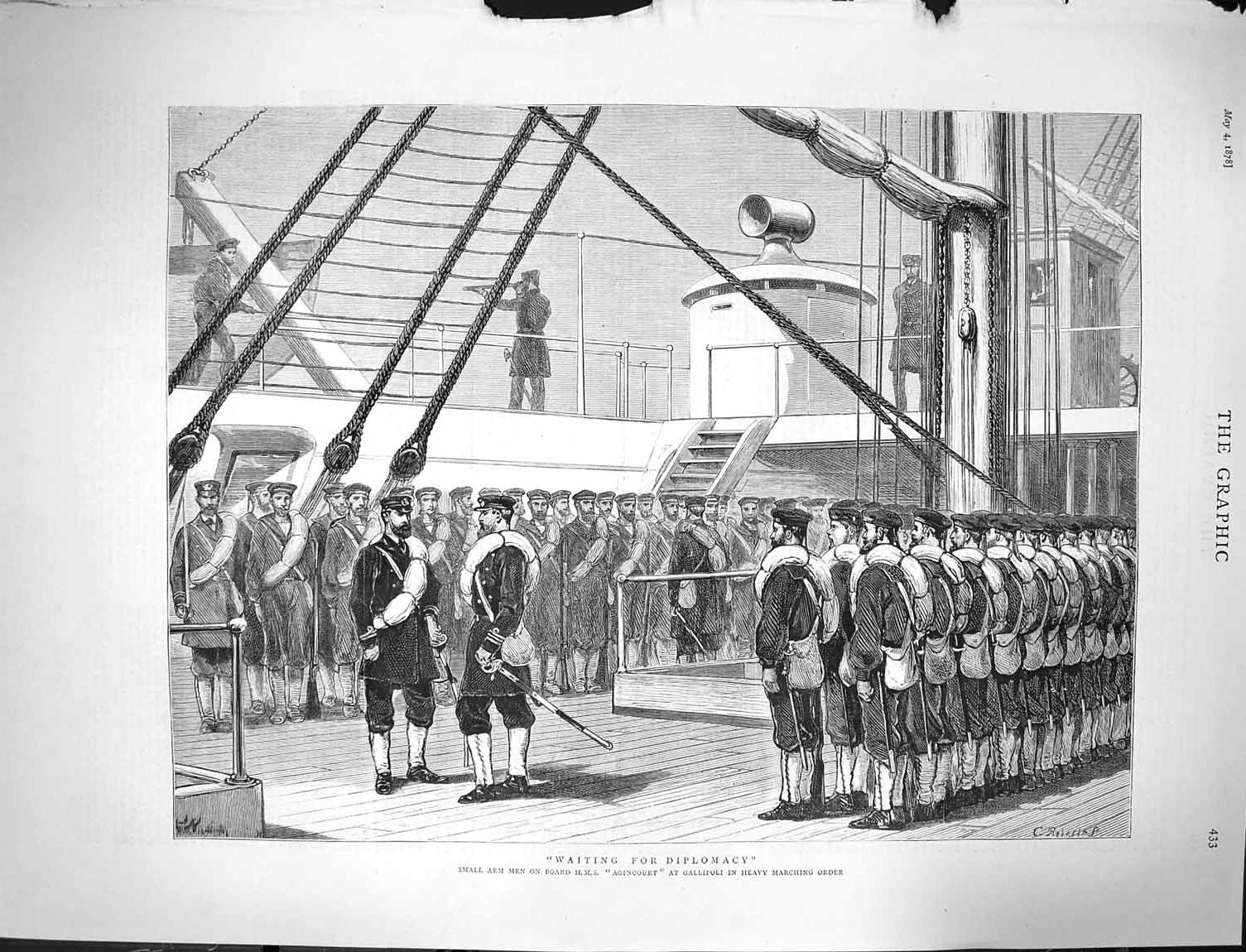 Original Old Antique Print 1878 Small Arm Men H.M.S Agincourt Gallipoli Sailors