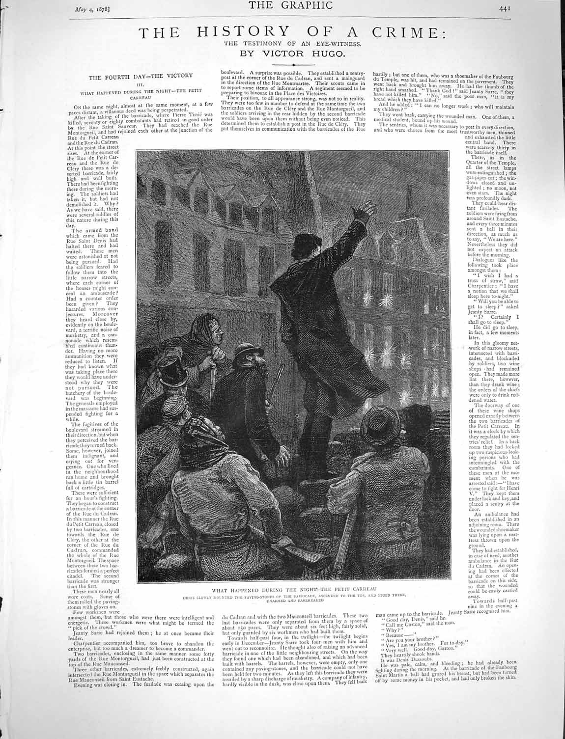 Original Old Antique Print 1878 Petit Carreau Denis Barricade Victor Hugo Story