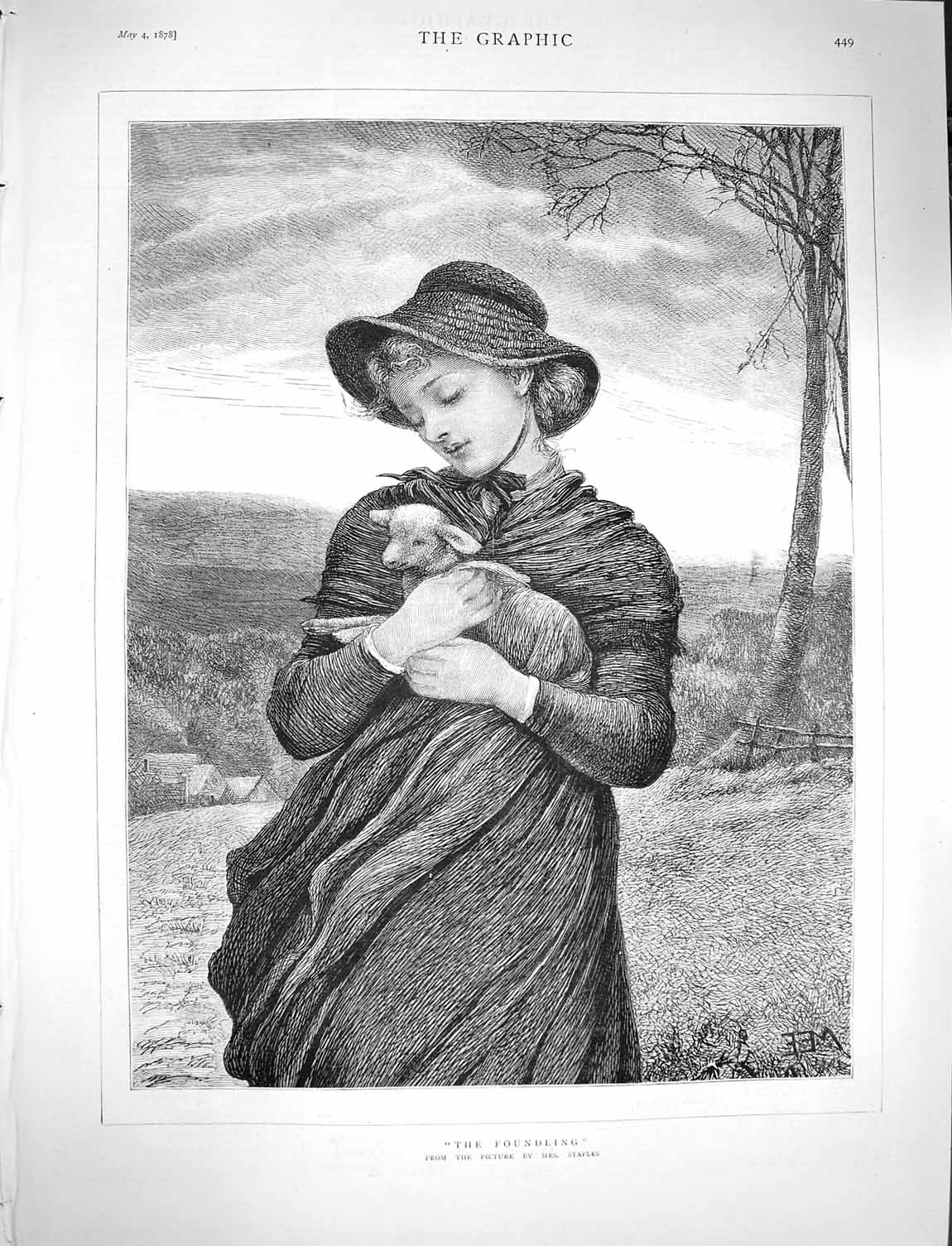 Original Old Antique Print 1878 Staples Young Lady Lamb Country Scene Victorian