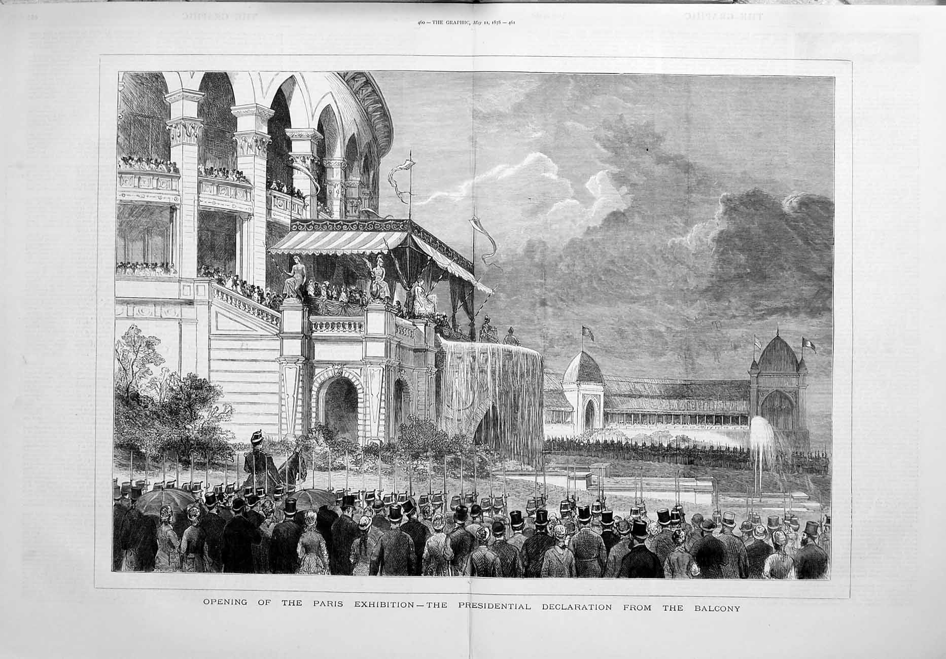 Old Antique Print 1878 Paris Exhibition Presidential Declaration Balcony 19th