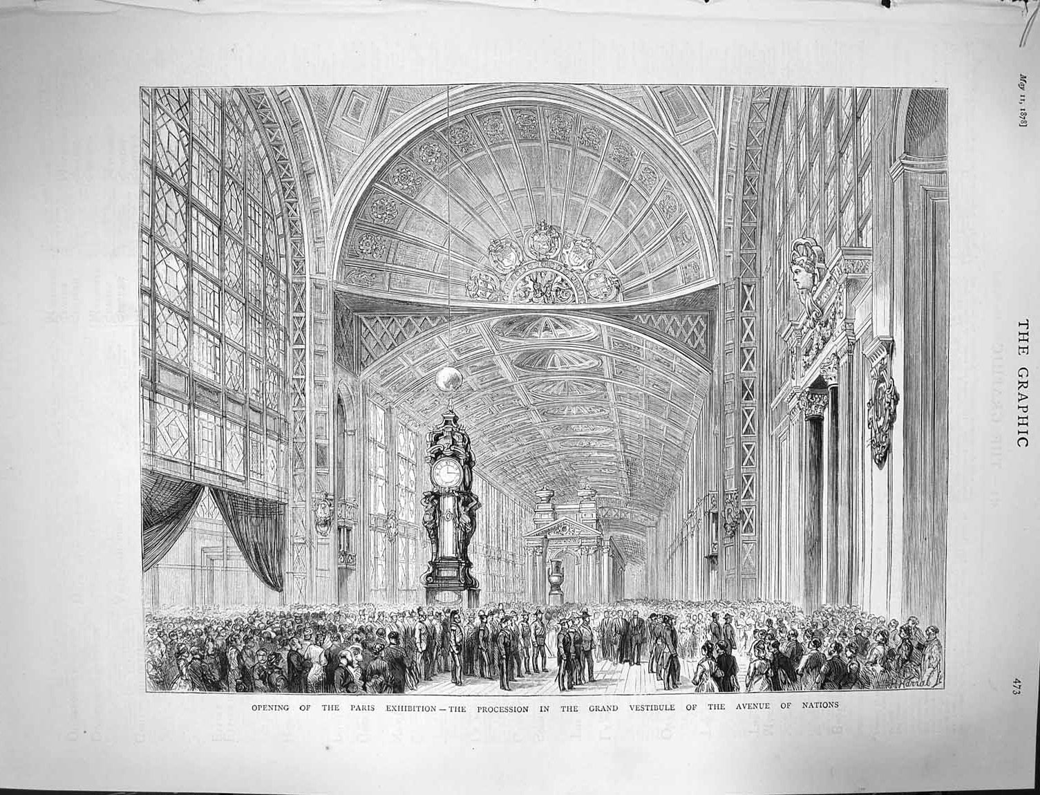 Old Antique Print 1878 Paris Exhibition Vestibule Avenue Nations Building 19th