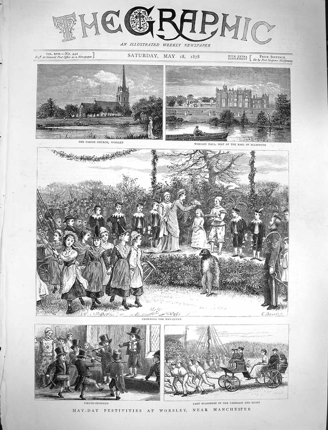Original Old Antique Print 1878 Worsley Manchester Church Ellesmere May-Queen