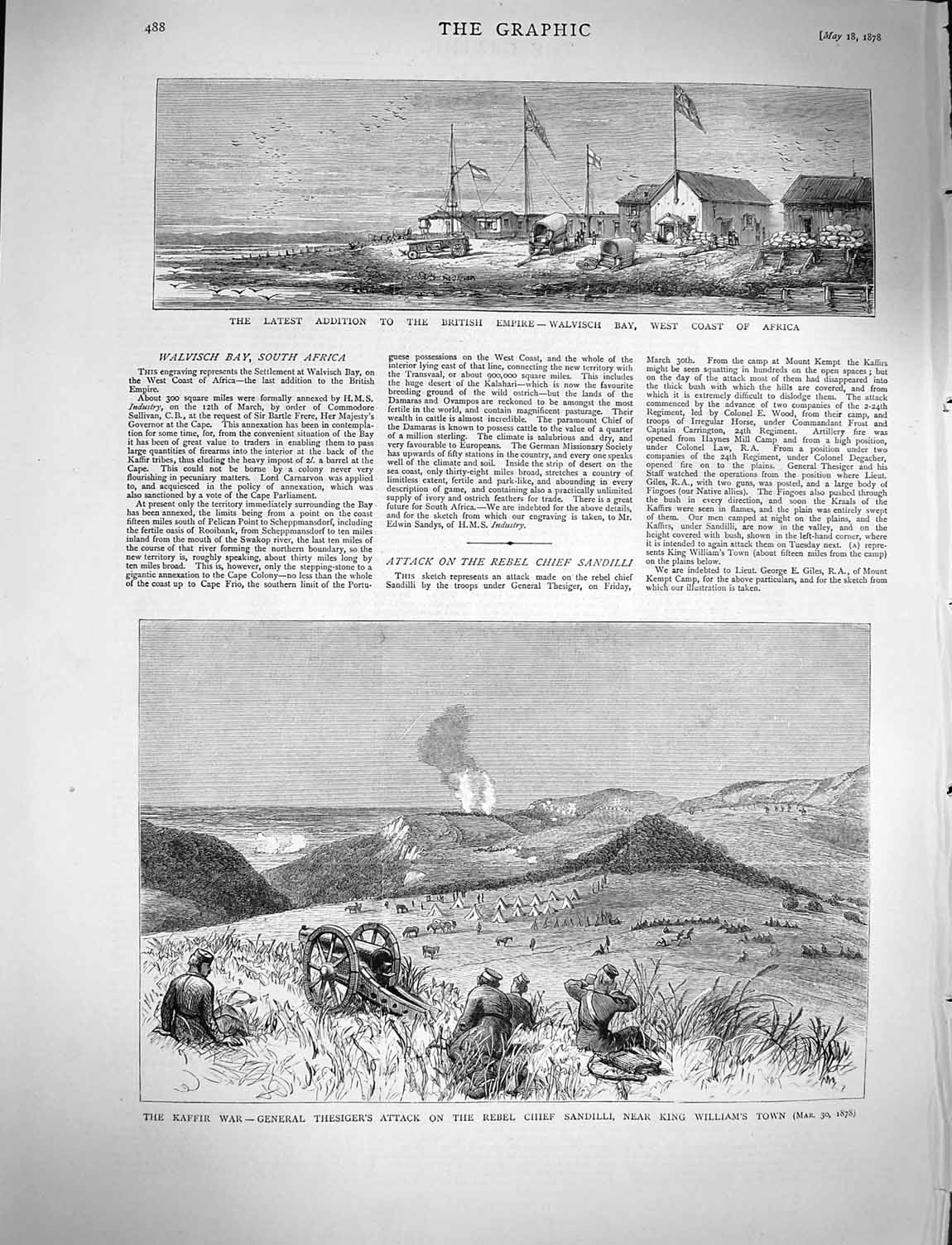 Original Old Antique Print 1878 Kaffir War General Thesiger Walvisch Bay Africa