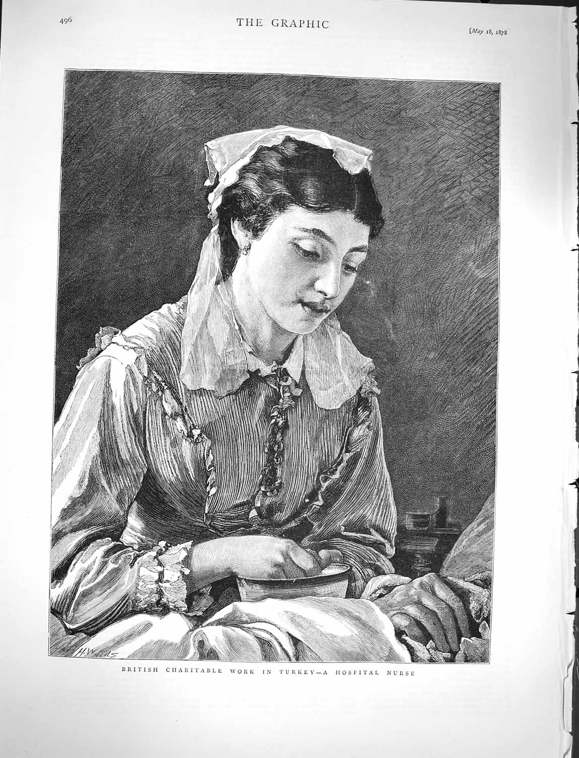 Original Old Antique Print 1878 British Charity Turkey Hospital Nurse Lady 19th