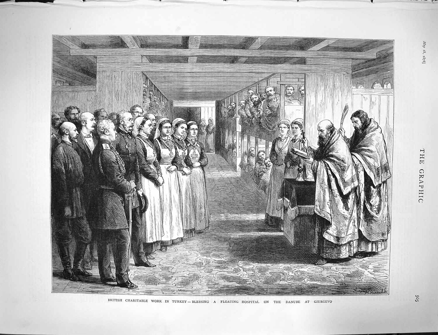 Old Antique Print 1878 Floating Hospital Giurgevo Turkey British Charity 19th