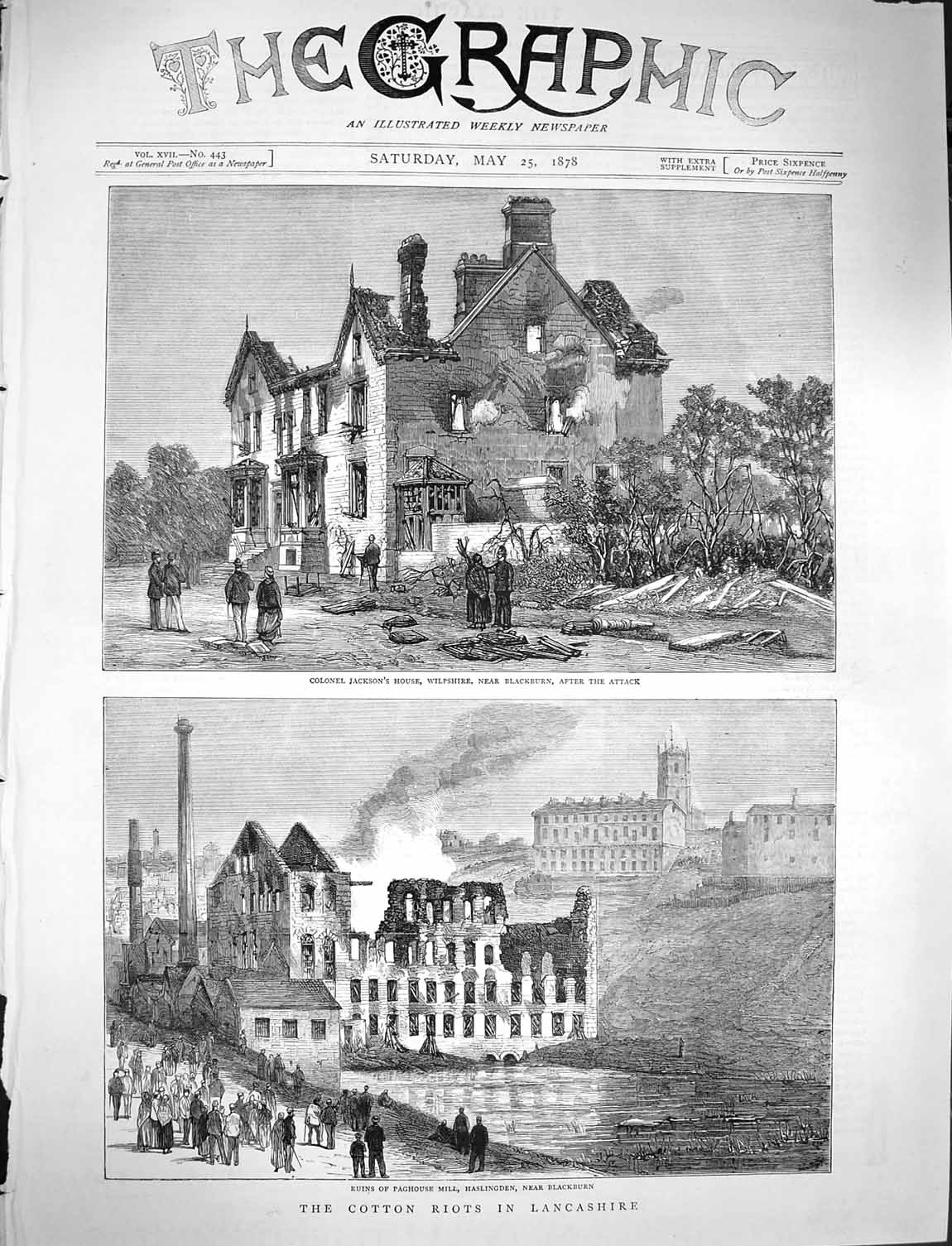 Old Antique Print 1878 Cotton Riots Lancashire Colonel Jackson Paghouse 19th