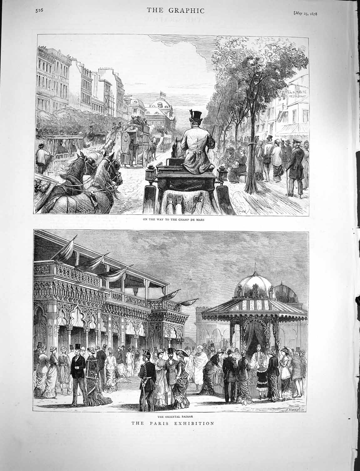 Original Old Antique Print 1878 Paris Exhibition Oriental Bazaar Champ De Mars
