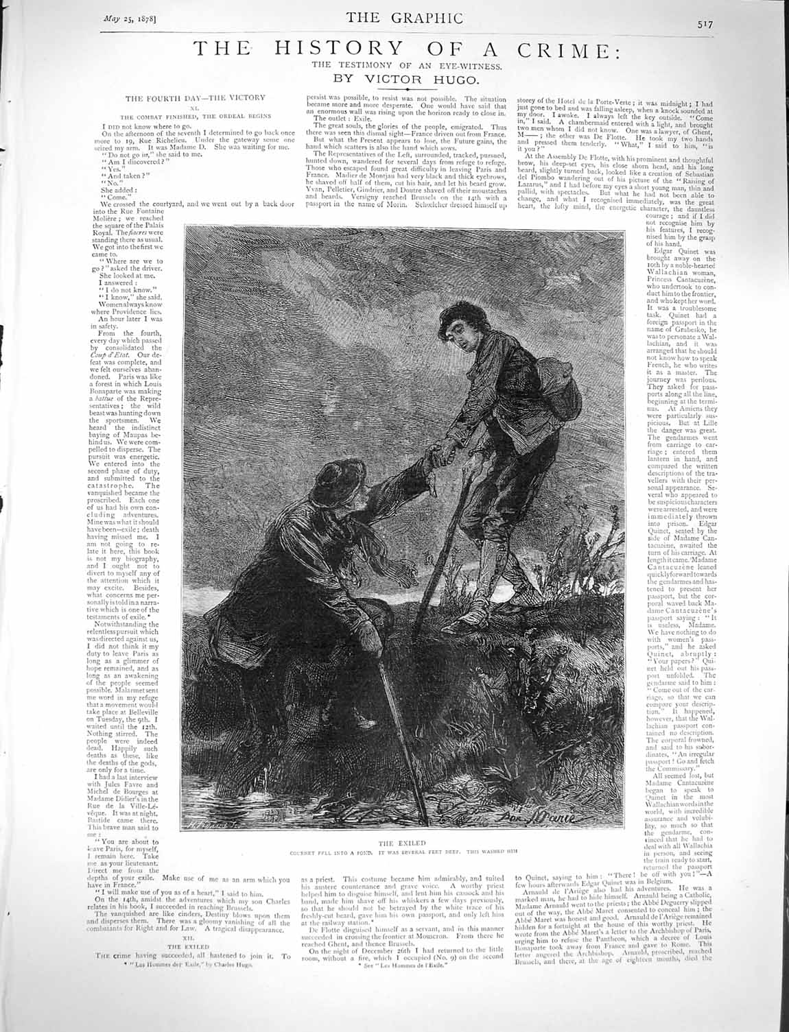 Original Old Antique Print 1878 Victor Hugo Cournet Pond Men Illustration Story