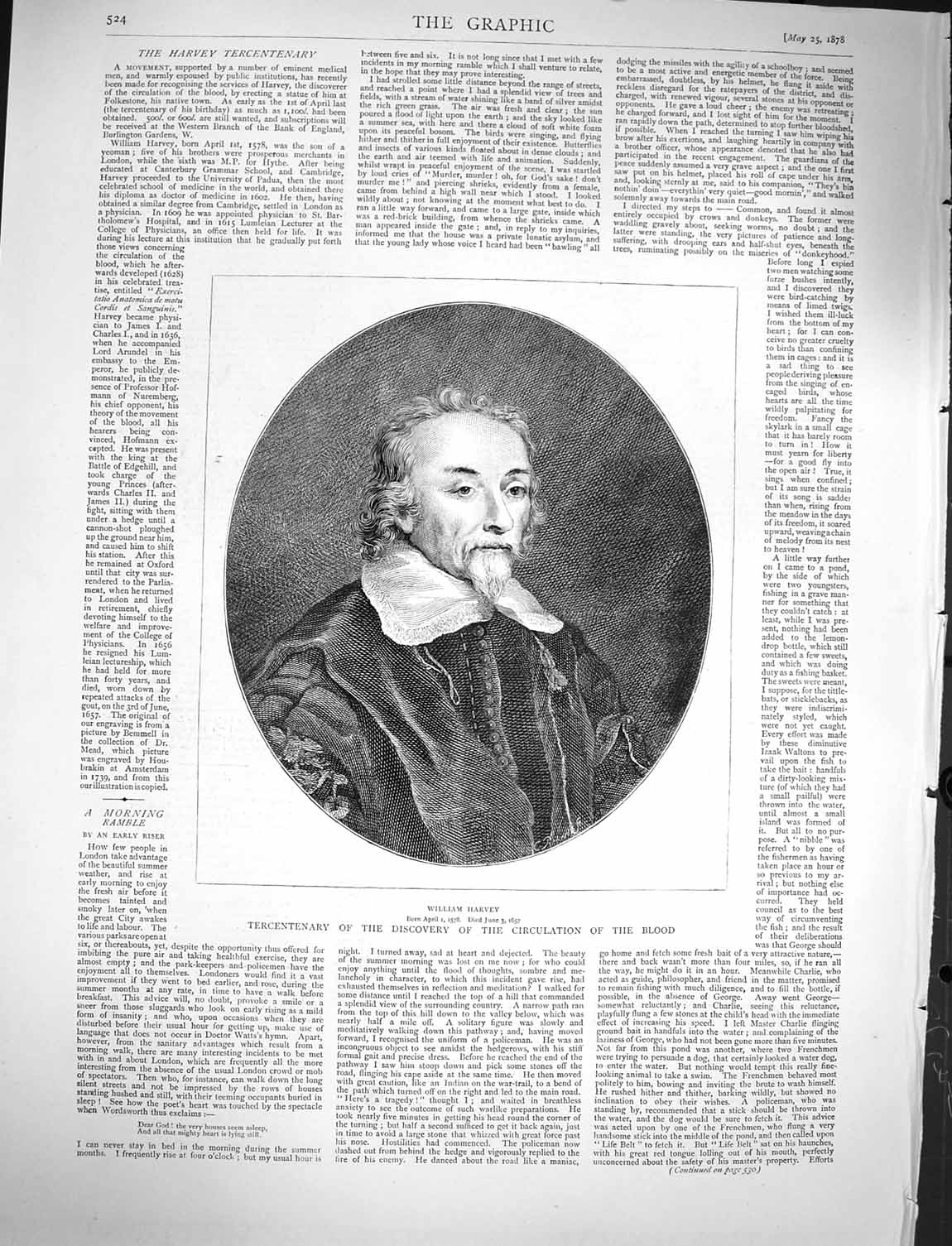 Original Old Antique Print 1878 William Harvey Discovery Circulation Blood 19th