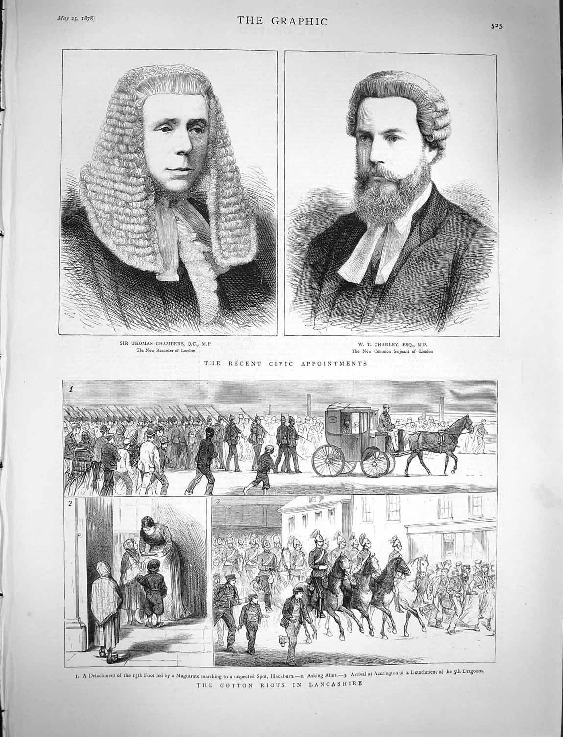 Original Old Antique Print 1878 Cotton Riots Lancashire Chambers Charley London
