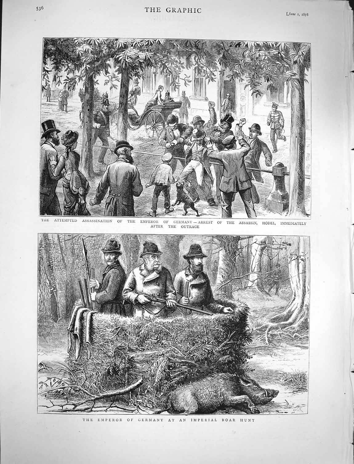Original Old Antique Print 1878 Emperor Germany Boar Huting Assassination Hodel