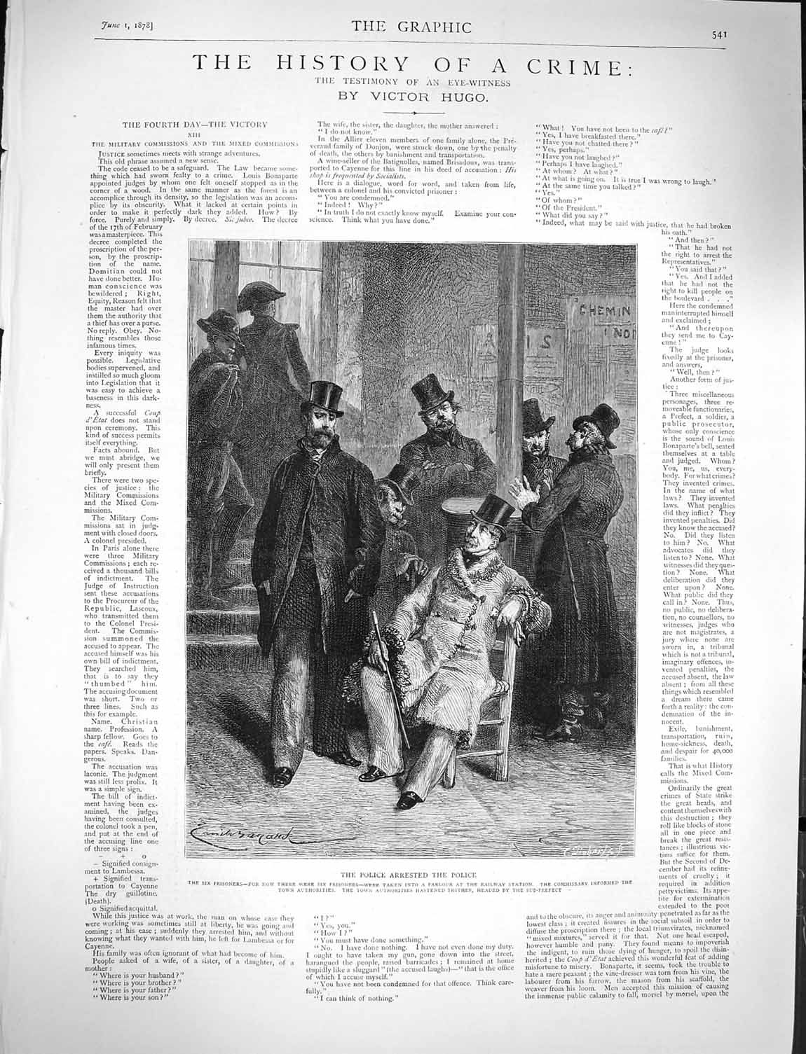 Original Old Antique Print 1878 Police Arrested Prisoners Railway Station Hugo