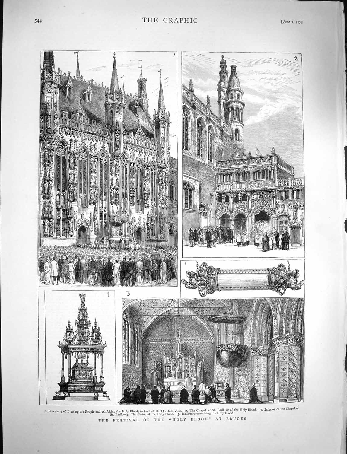 Antique Old Print *3054 1878 Festival Holy Blood Bruges Hotel-De-Ville Chapel