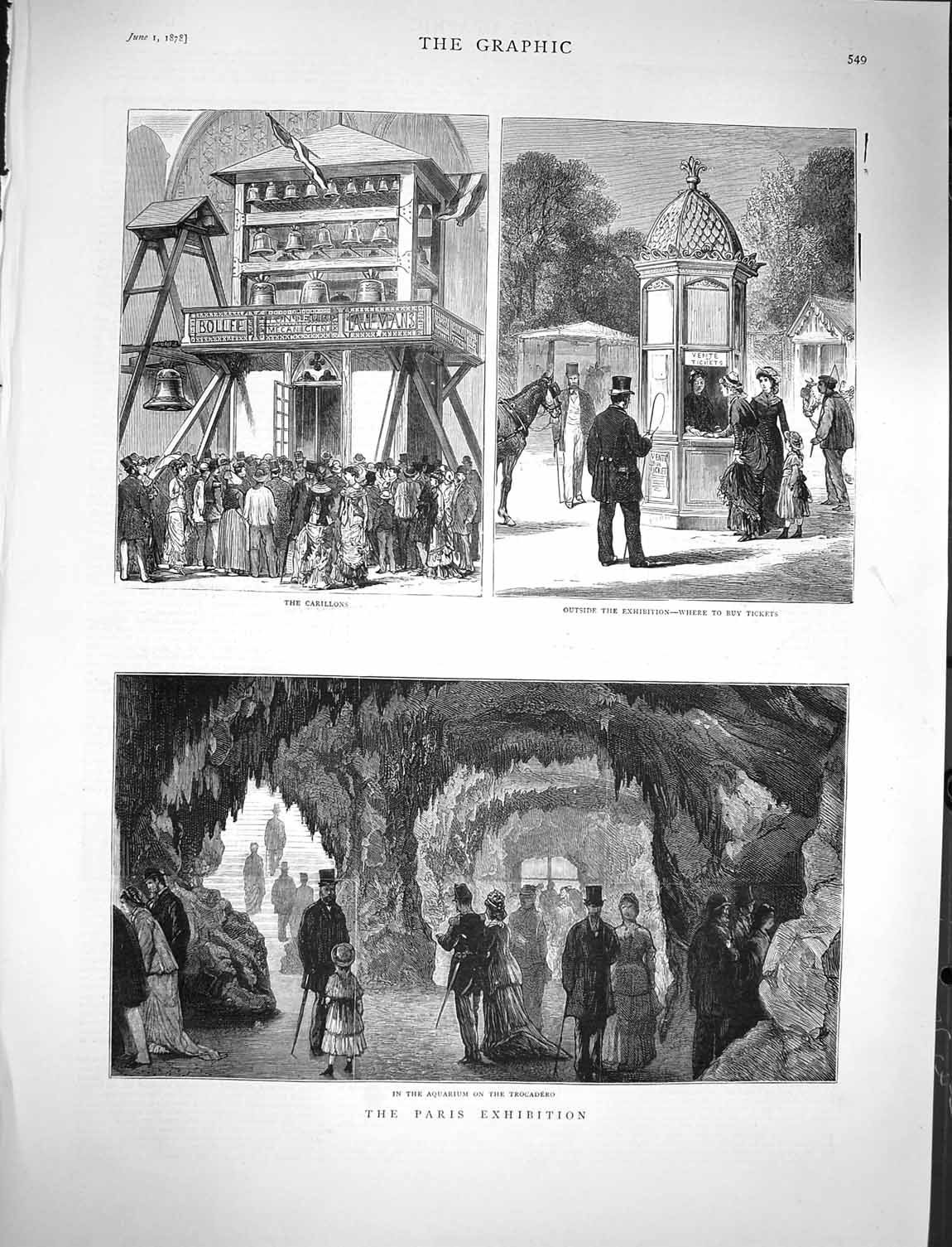 Original Old Antique Print 1878 Paris Exhibition Aquarium Trocadero Carillons